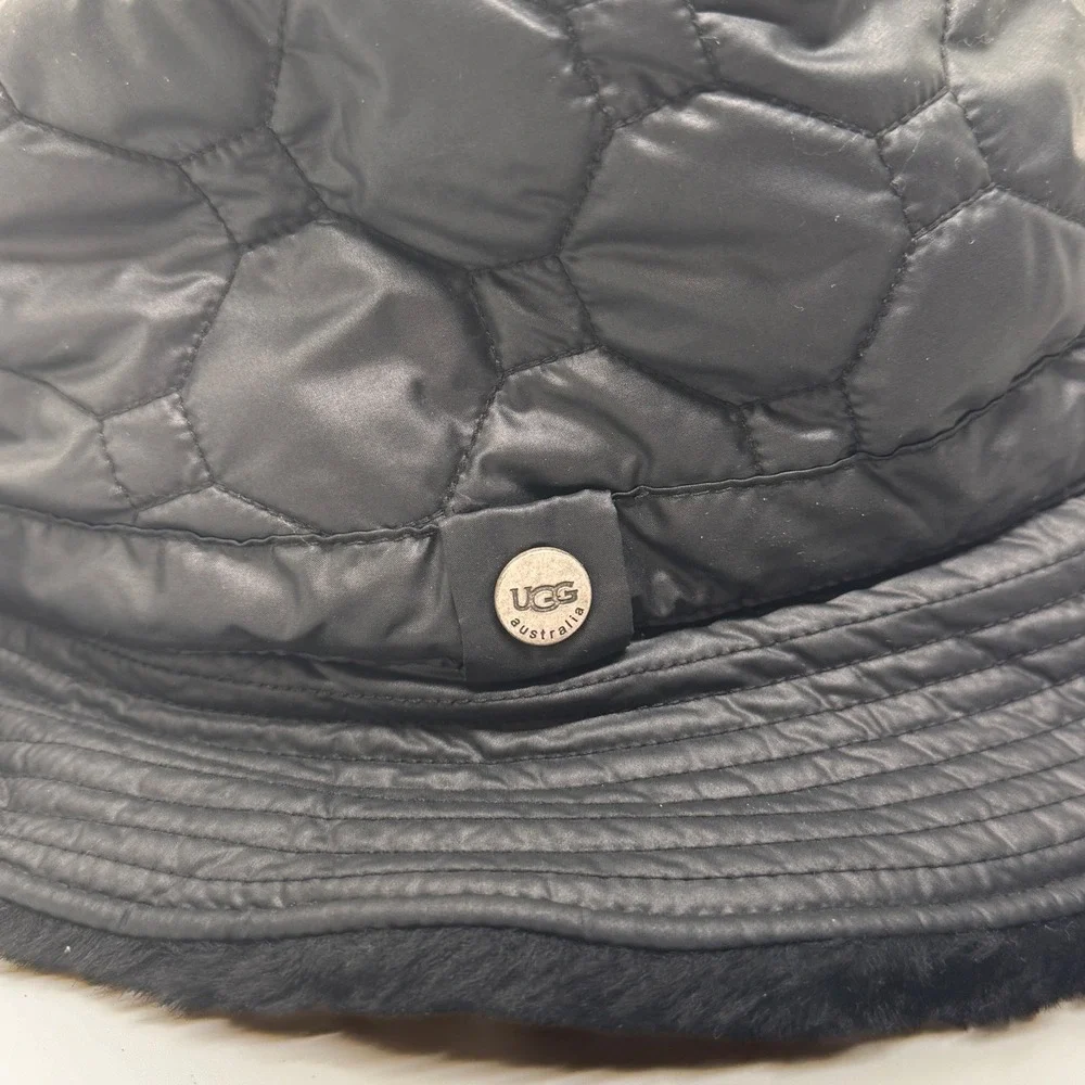 UGG Australia Black Quilted Puffer Bucket Hat Real Shearling Fur Lined Trim OS